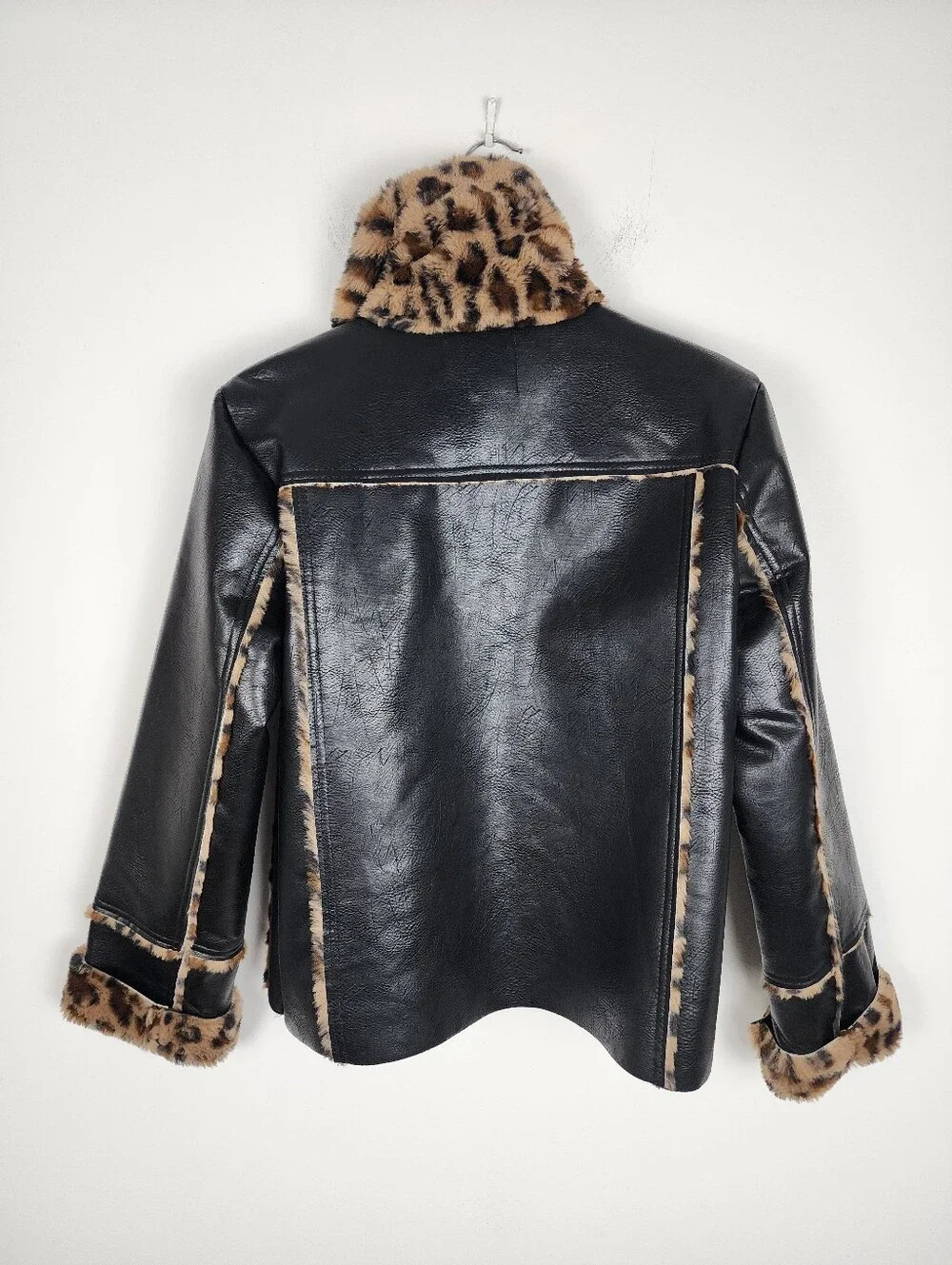 Black Faux Leather Moto Jacket with Leopard Faux Fur Accent